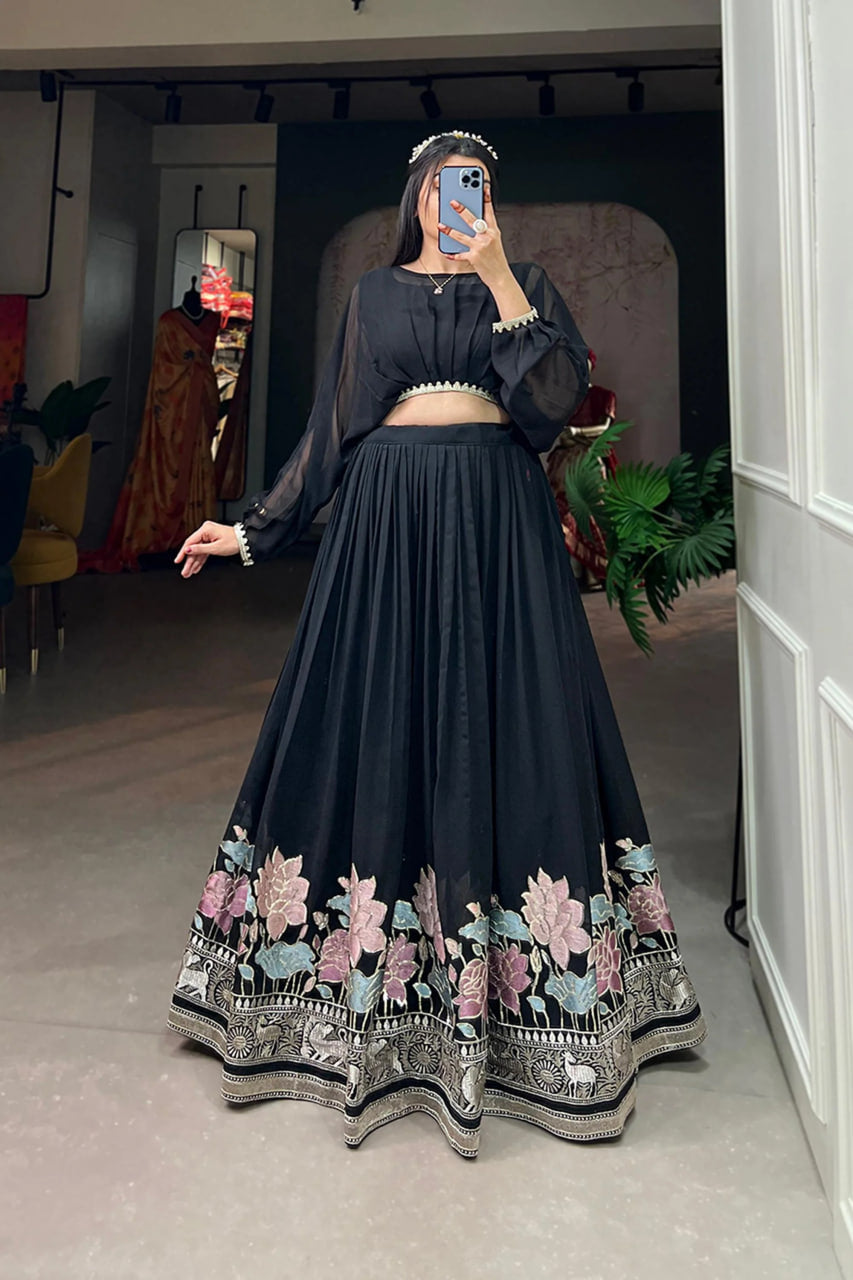 FABVILLA BLACK GEORGETTE CO-ORD LEHENGA SET