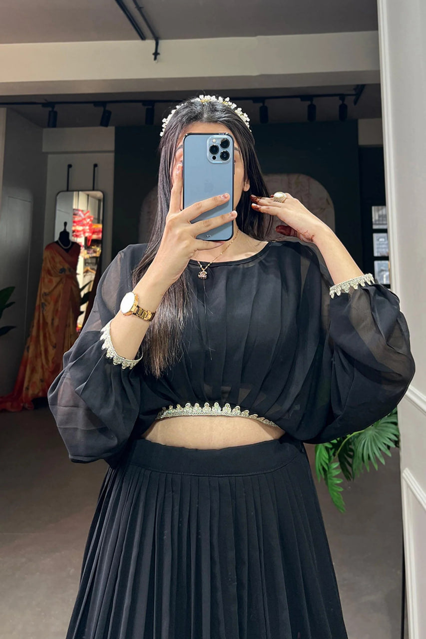 FABVILLA BLACK GEORGETTE CO-ORD LEHENGA SET