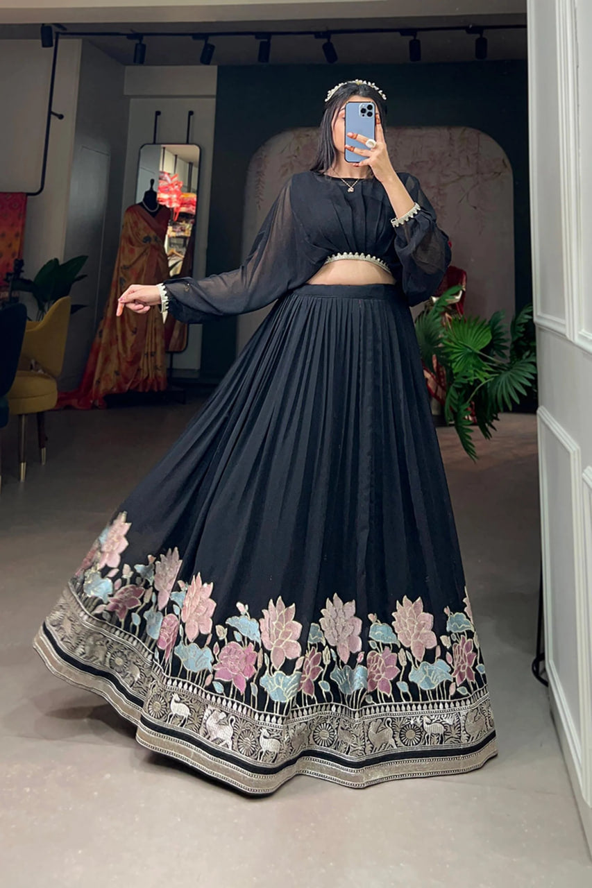 FABVILLA BLACK GEORGETTE CO-ORD LEHENGA SET