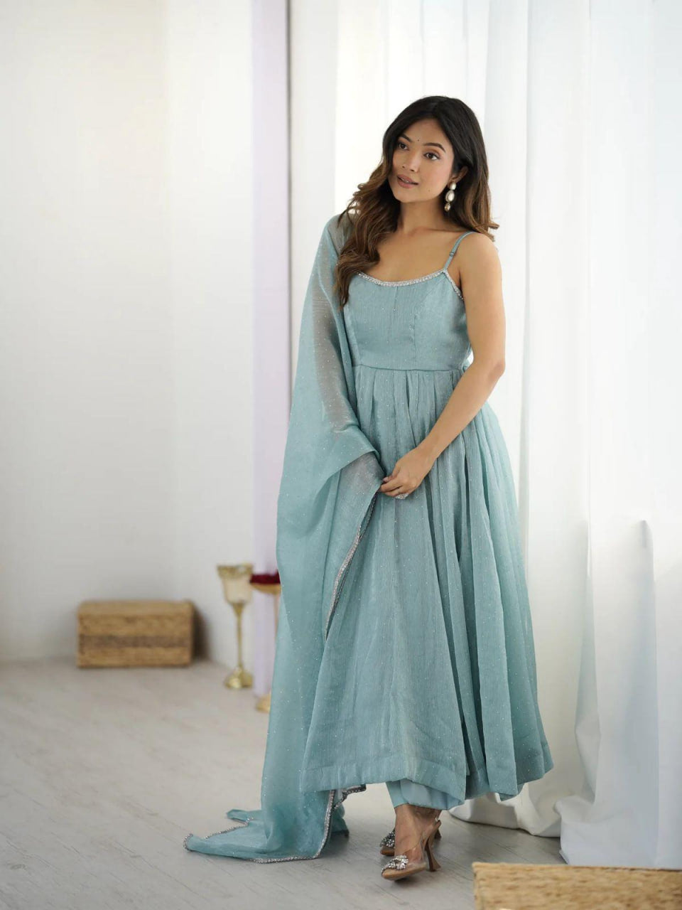 CRUNCH SILK ANARKALI SUIT WITH ELEGANT HOTFIX WORK & LACE DUPATTA