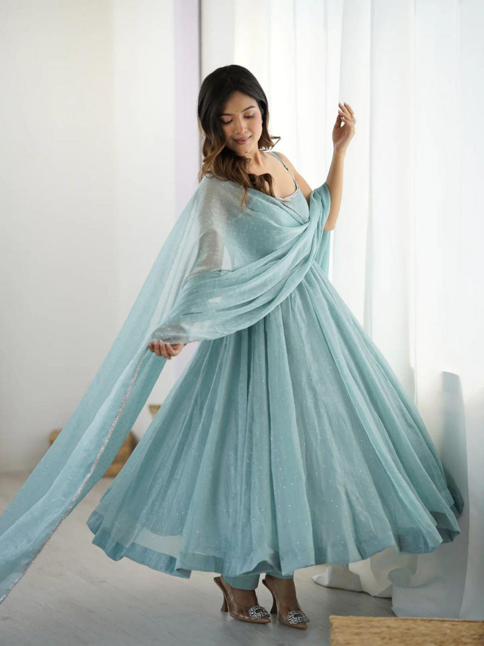 CRUNCH SILK ANARKALI SUIT WITH ELEGANT HOTFIX WORK & LACE DUPATTA
