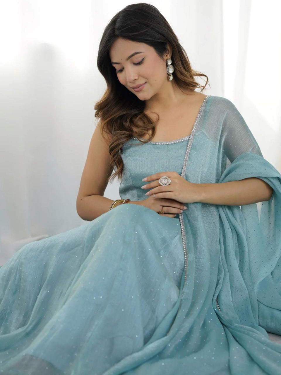 CRUNCH SILK ANARKALI SUIT WITH ELEGANT HOTFIX WORK & LACE DUPATTA