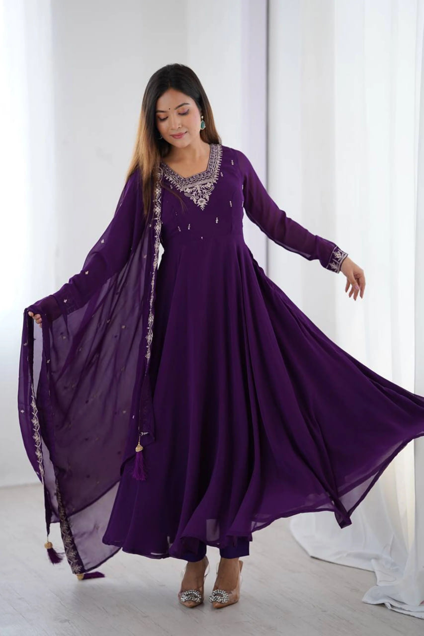 PURPLE GEORGETTE EMBROIDERED ANARKALI SUIT SET