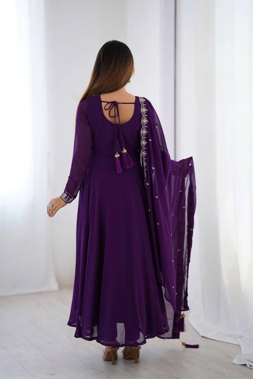 PURPLE GEORGETTE EMBROIDERED ANARKALI SUIT SET