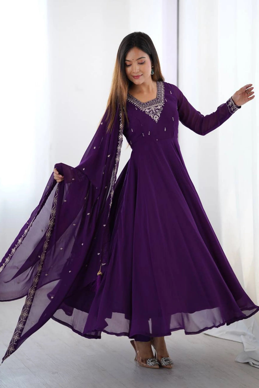 PURPLE GEORGETTE EMBROIDERED ANARKALI SUIT SET