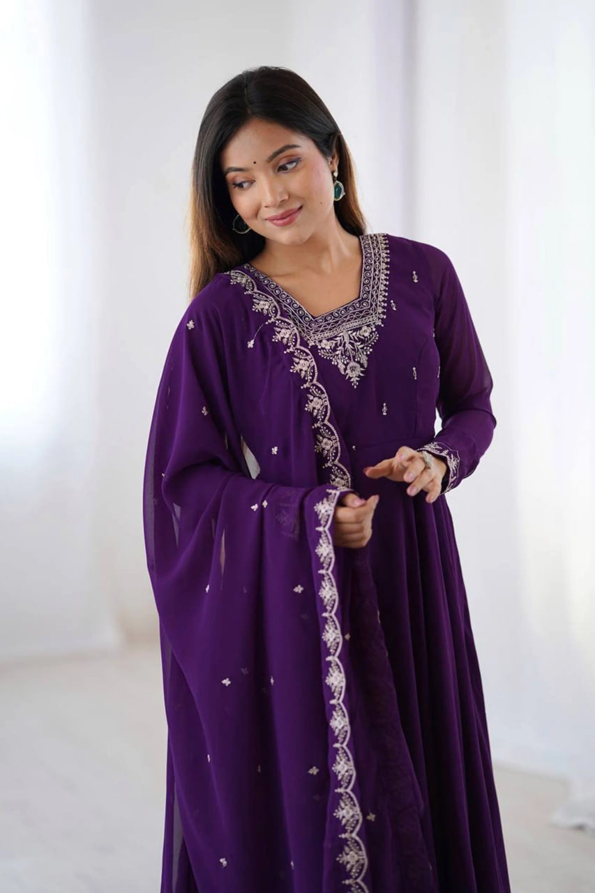 PURPLE GEORGETTE EMBROIDERED ANARKALI SUIT SET