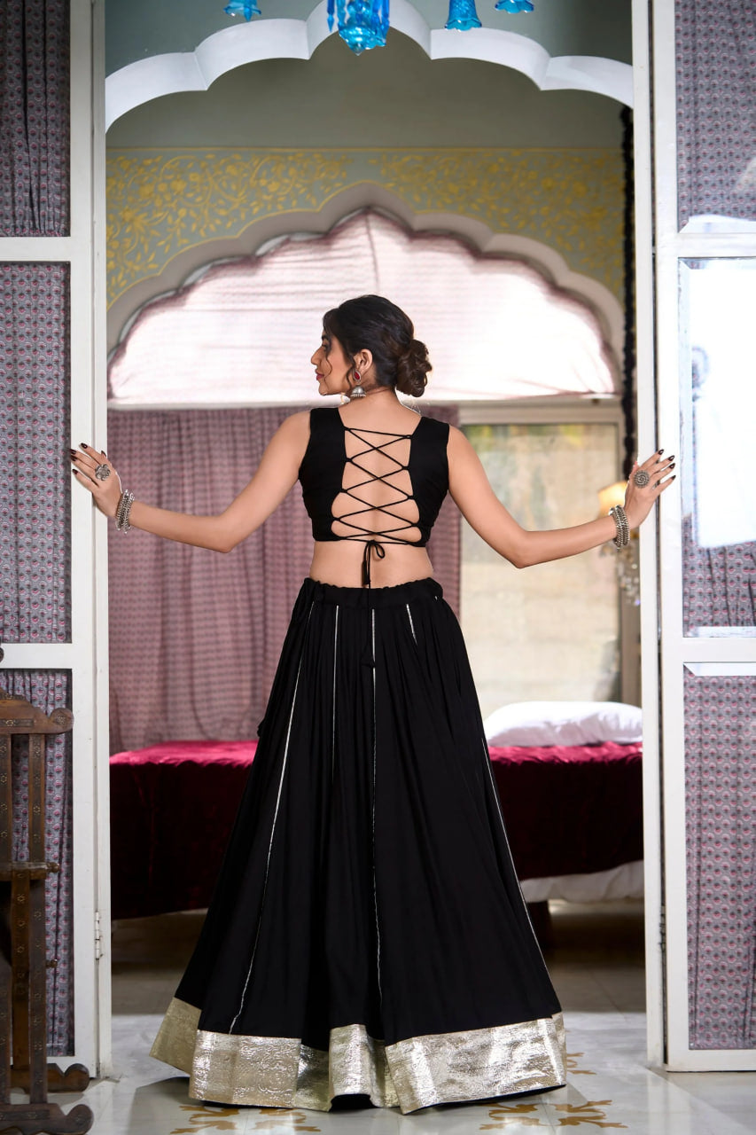 NAVRATRI SPECIAL BLACK RAYON LEHENGA WITH GAMTHI WORK BLOUSE