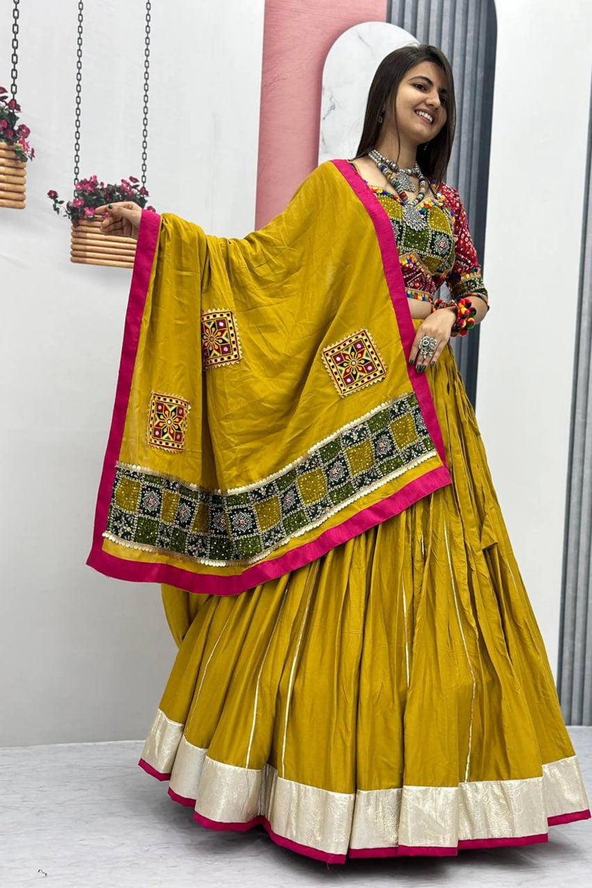 MUSTARD COTTON CHANIYA CHOLI SET WITH GAMATHI DUPATTA