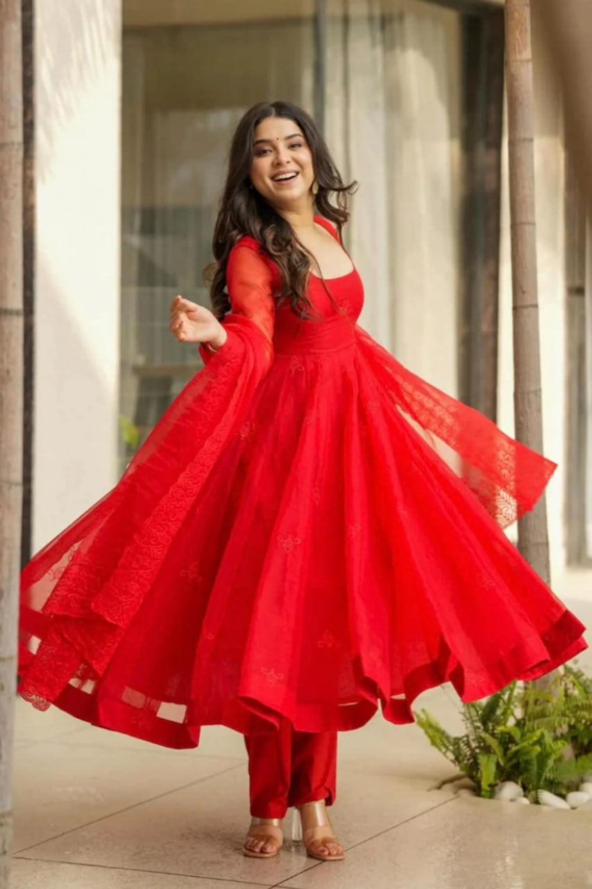 RED TABBY SILK ANARKALI SUIT SET WITH EMBROIDERY WORK