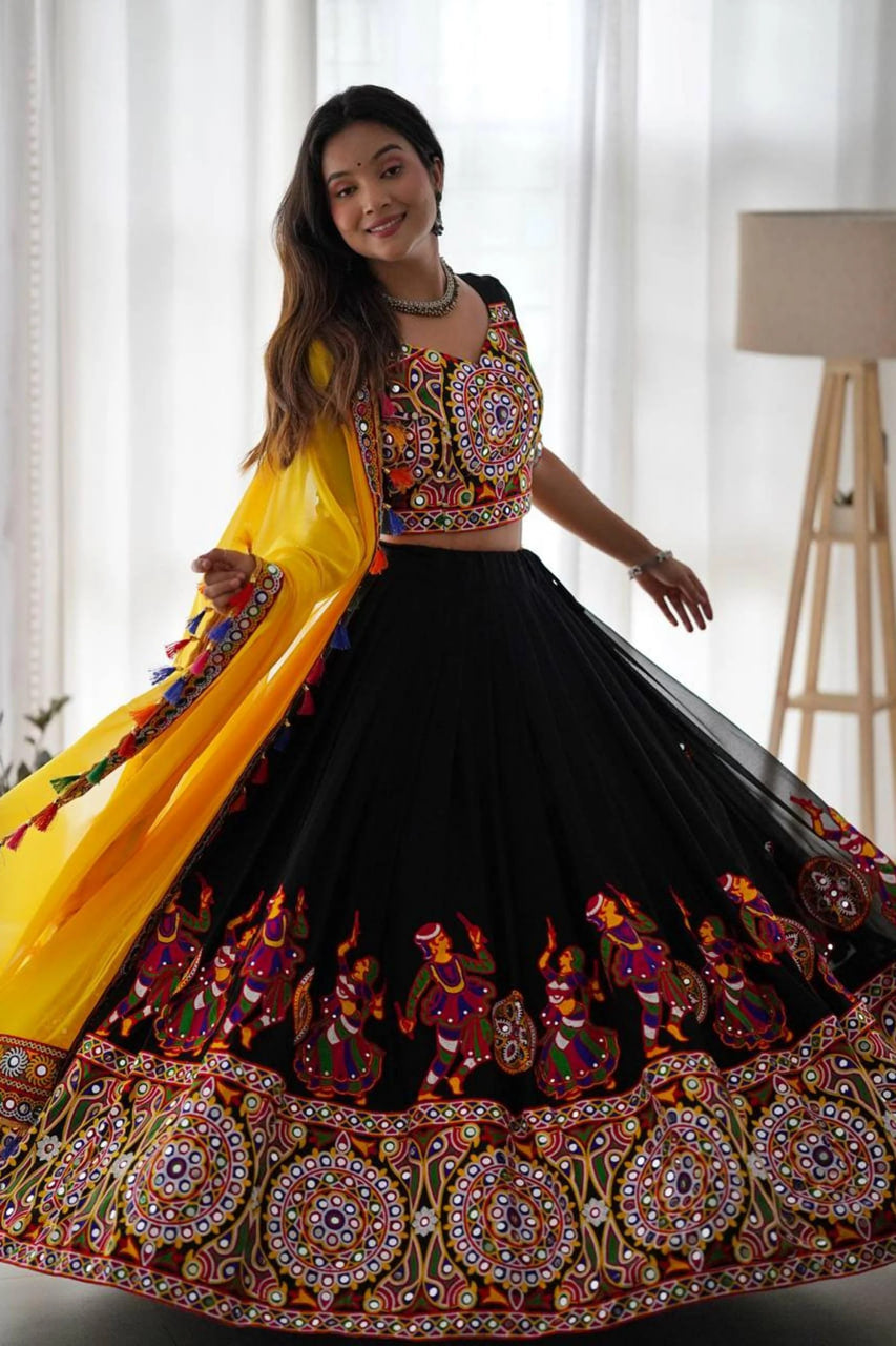 BLACK FAUX GEORGETTE CHANIYA CHOLI WITH ORIGINAL MIRROR WORK