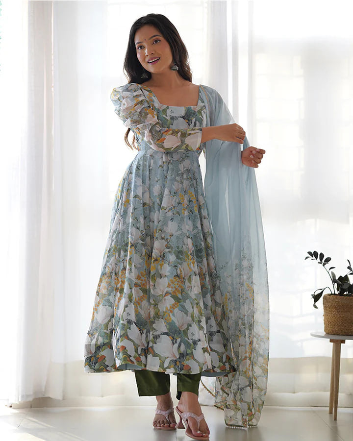GREEN COLOR PURE SOFT ORGANZA THREE PIECE ANARKALI SUIT