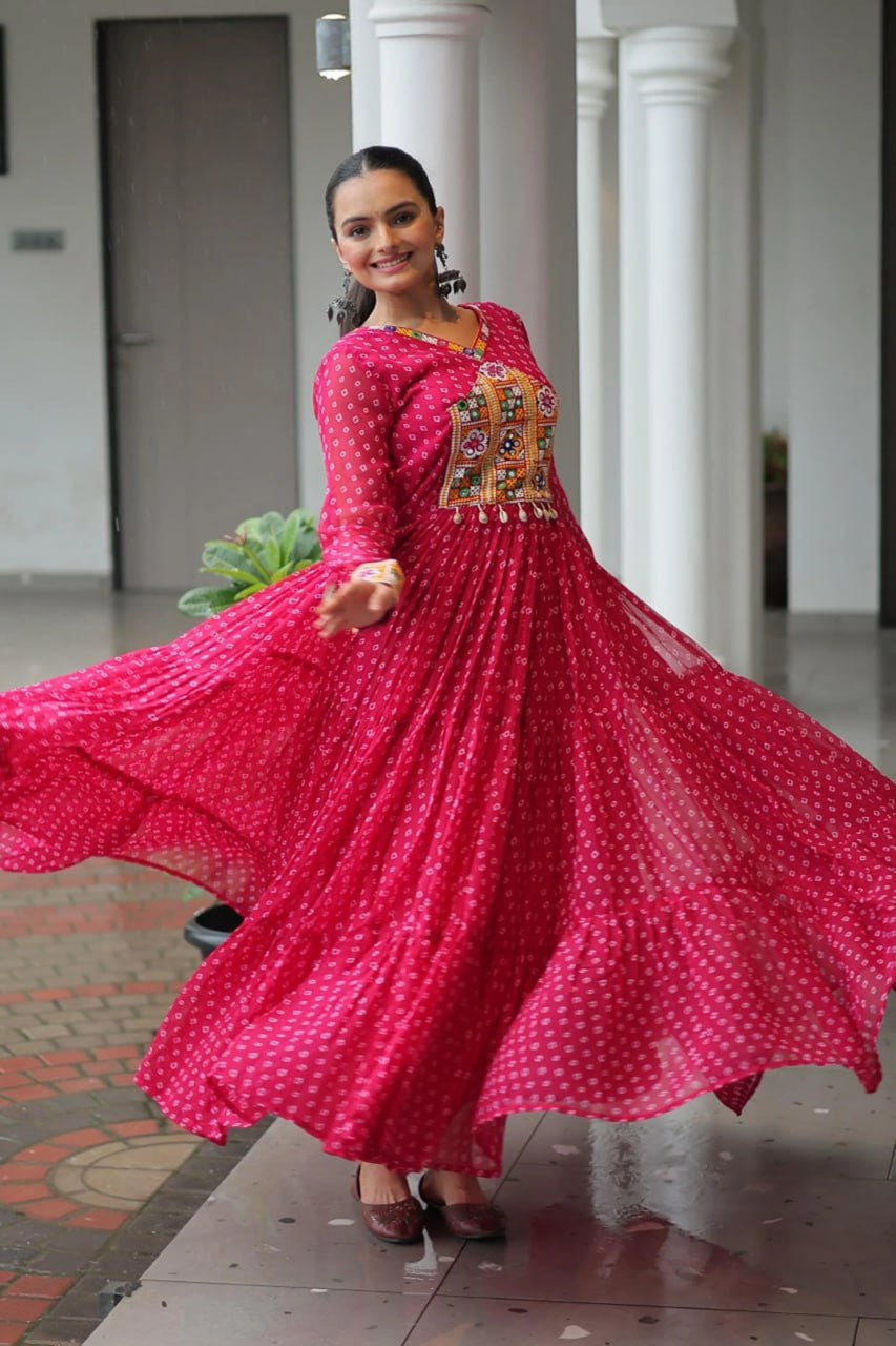 NAVRATRI SPECIAL PINK BANDHANI PRINT 12 METER FLARED GOWN