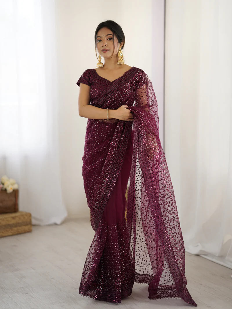 MAROON SOFT NET BEAUTIFUL DESIGNER SAREE