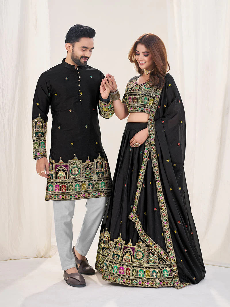 BLACK EMBROIDERED LEHENGA CHOLI WITH MATCHING MEN'S KURTA COMBO SET