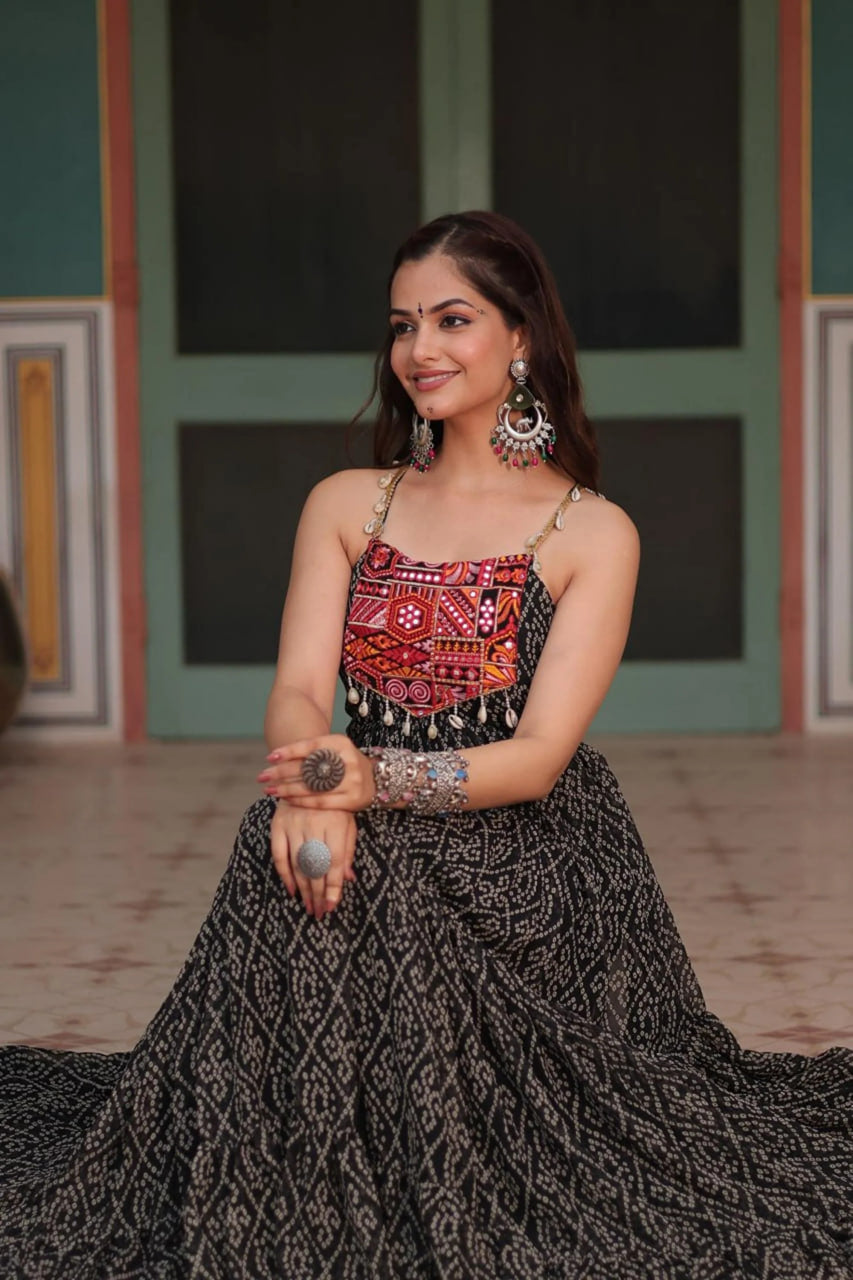 BLACK BANDHANI PRINT 12-METER FLARED GOWN