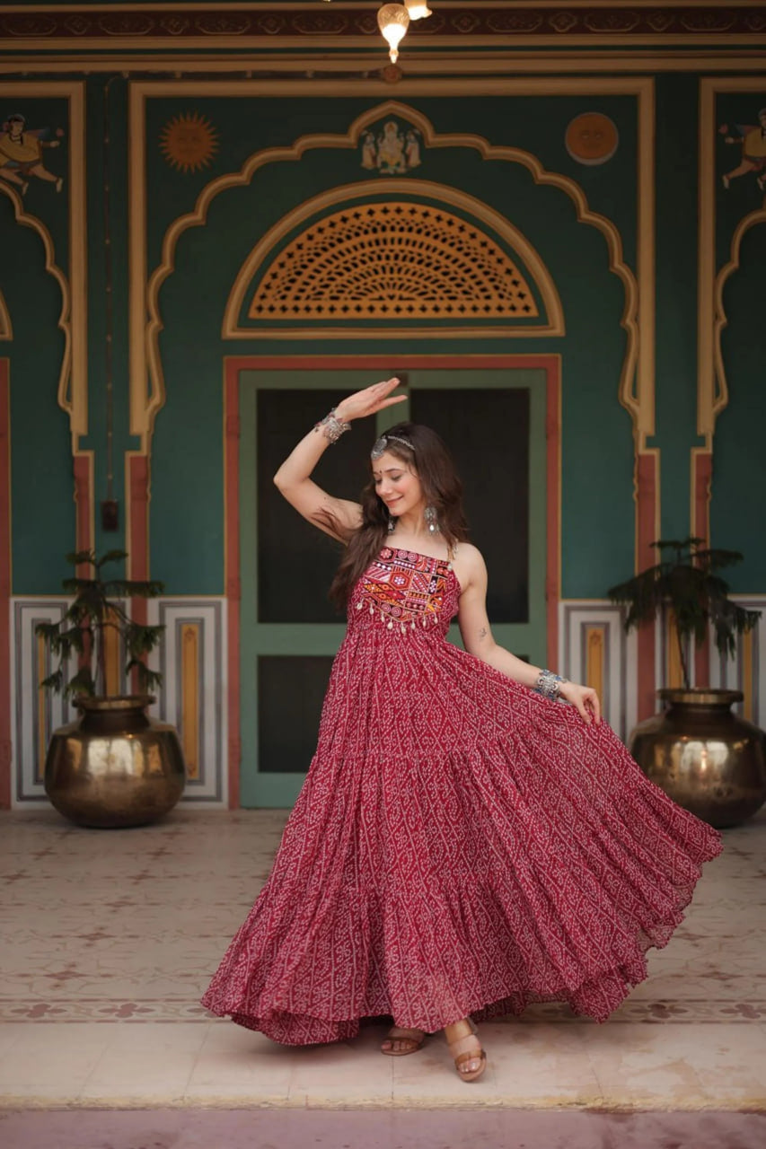 CHERRY RED BANDHANI PRINT 12-METER FLARED GOWN