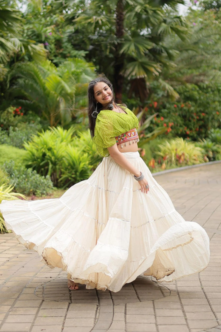 12-Meter Huge Flared Lehenga with Parrot Green Designer Blouse