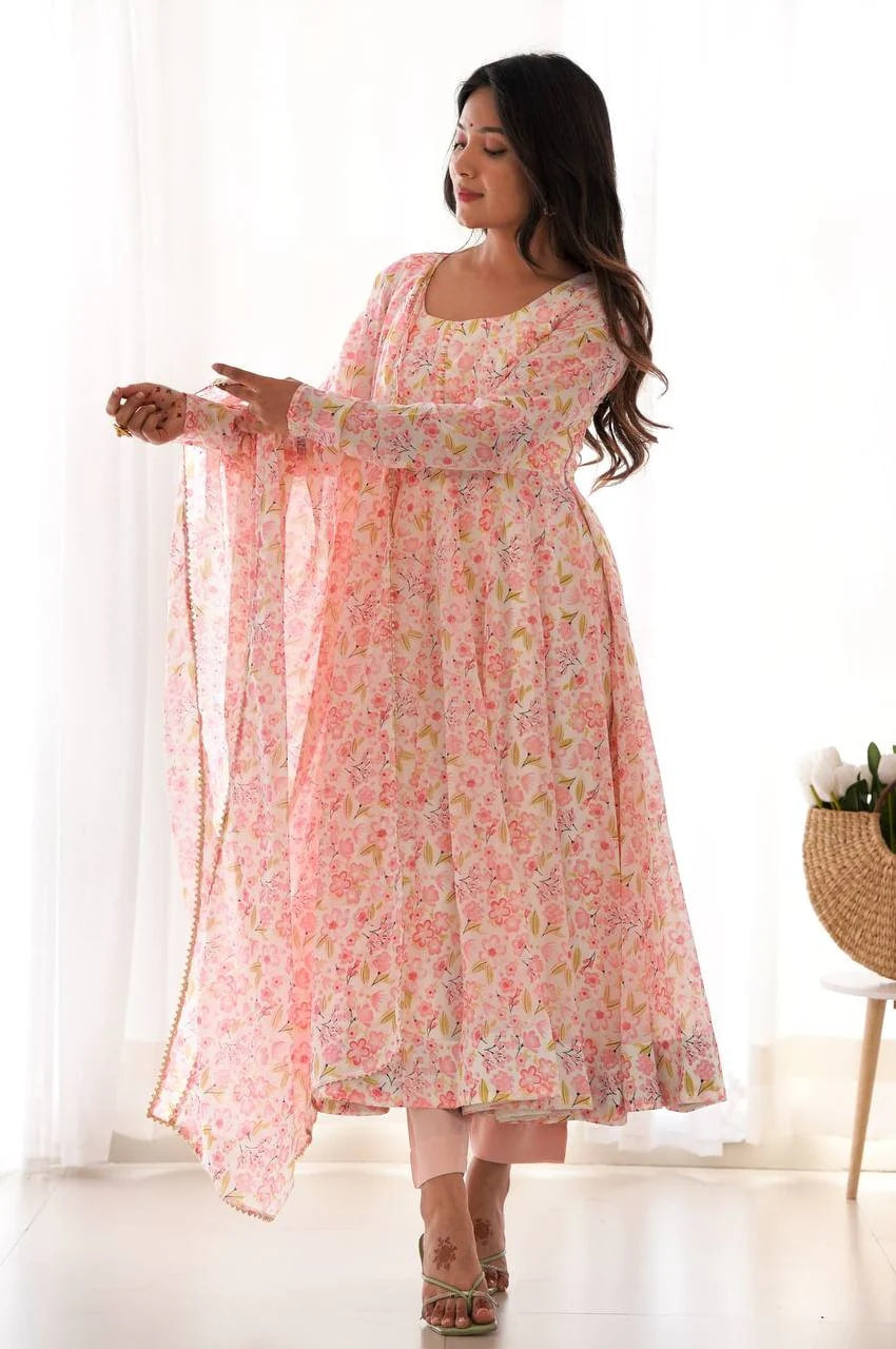 PINK FLOWER PRINTED ANARKALI SUIT SET