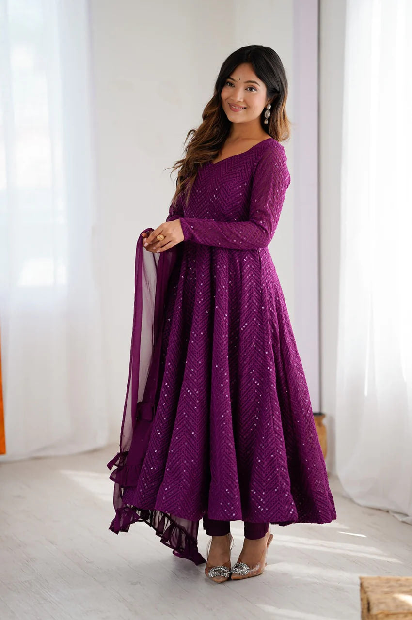WINE COLOR LUCKNOWI WORK ANARKALI SUIT