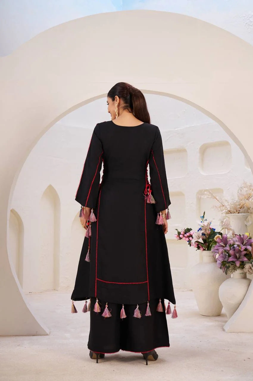 BLACK ETHNIC MIRROR WORK PEPLUM SET WITH PALAZZO