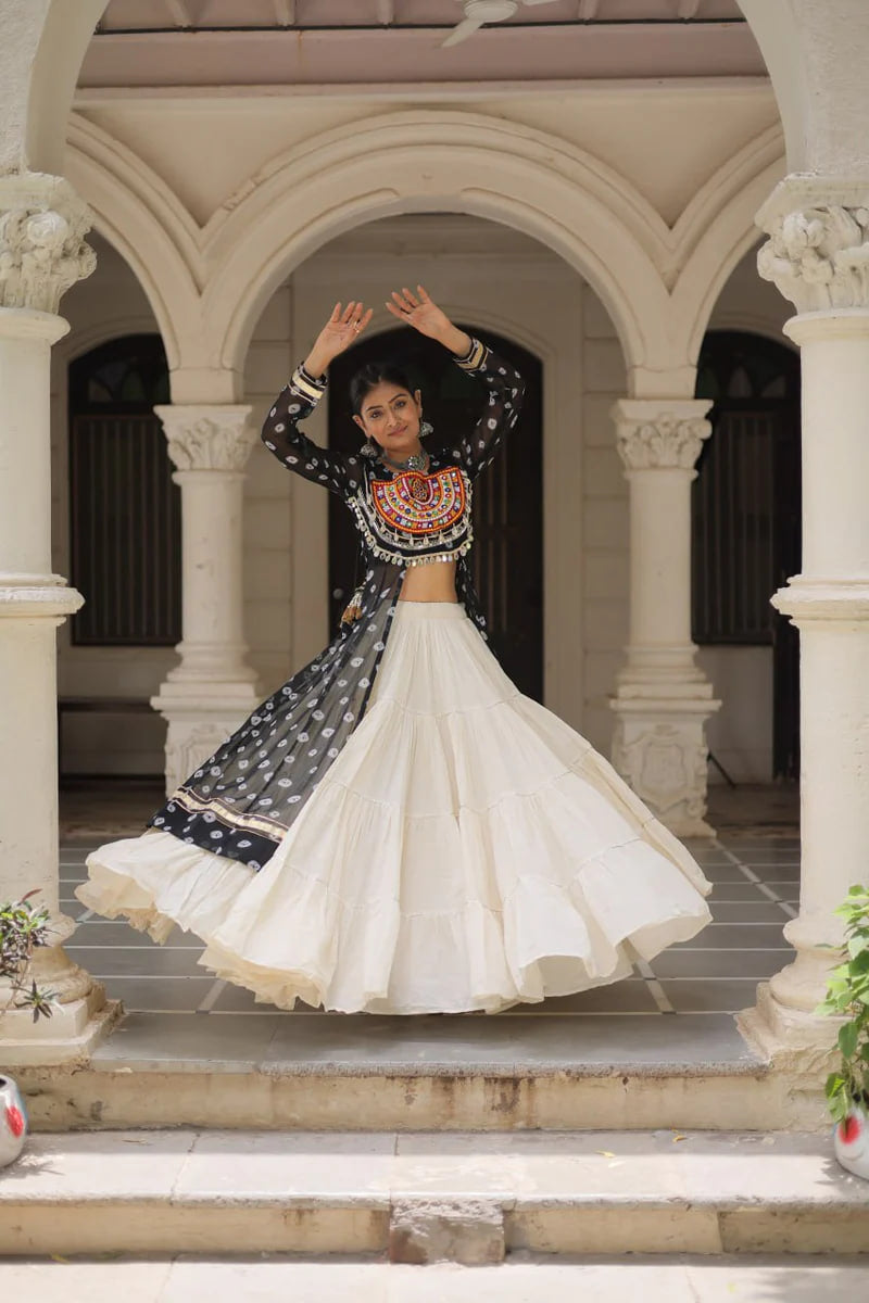 NAVRATRI SPECIAL BLACK COLOR KORA COTTON BASE STYLISH KURTI WITH LEHENGA