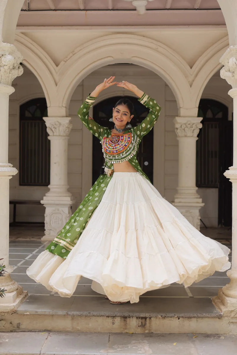 NAVRATRI SPECIAL GREEN COLOR KORA COTTON BASE STYLISH KURTI WITH LEHENGA