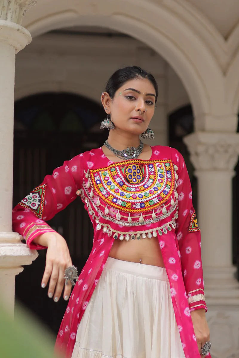 NAVRATRI SPECIAL PINK COLOR KORA COTTON BASE STYLISH KURTI WITH LEHENGA