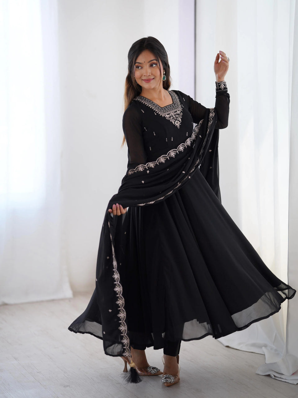 LUXURY BLACK FOX GEORGETTE ANARKALI SUIT WITH DUPATTA & PANT