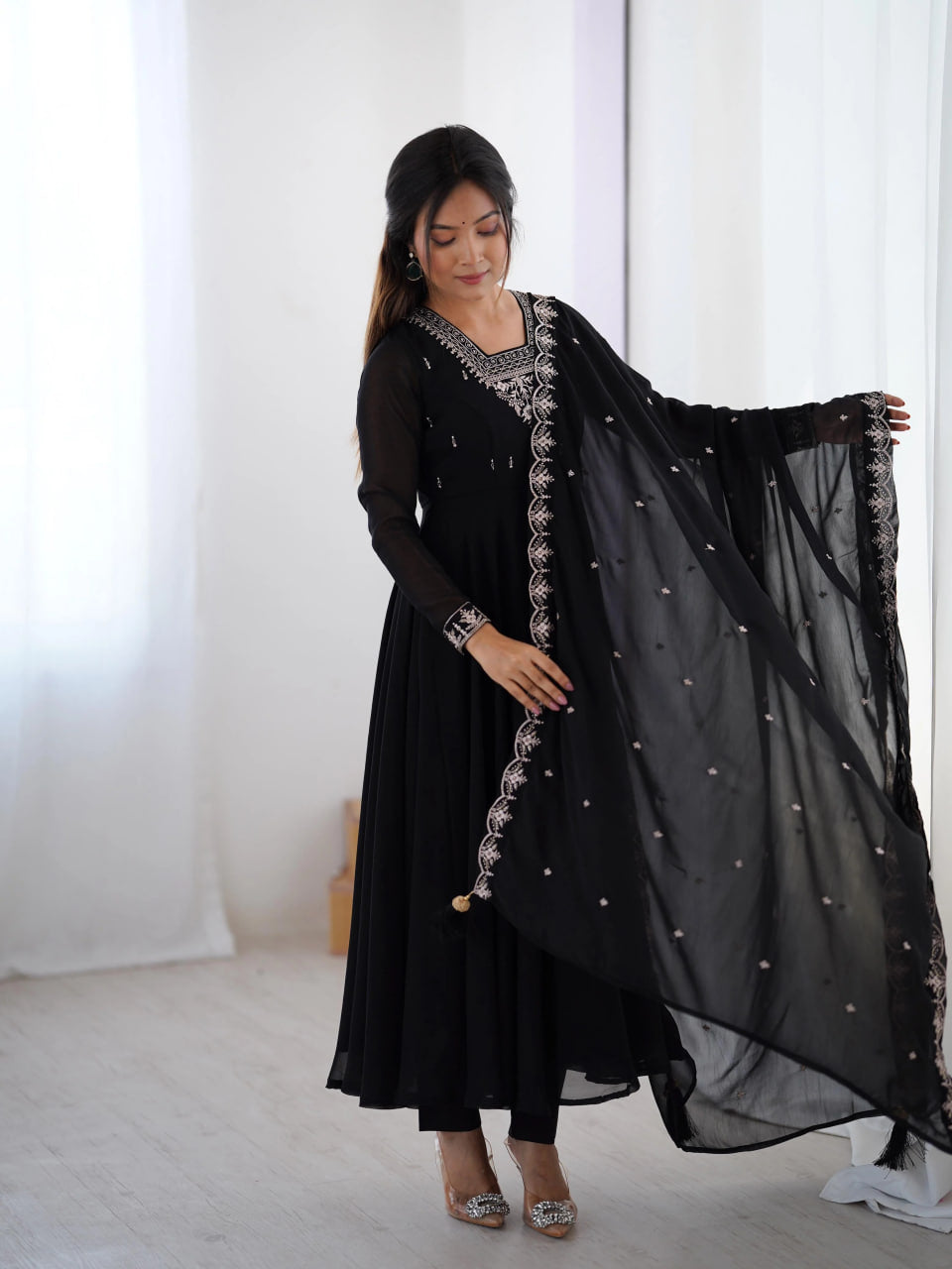 LUXURY BLACK FOX GEORGETTE ANARKALI SUIT WITH DUPATTA & PANT
