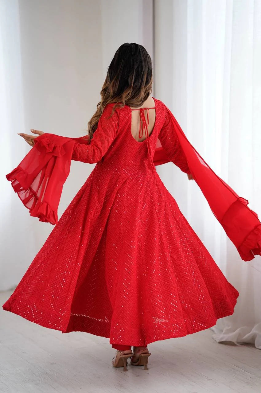 RED COLOR LUCKNOWI WORK ANARKALI SUIT WITH RUFFLE DUPATTA