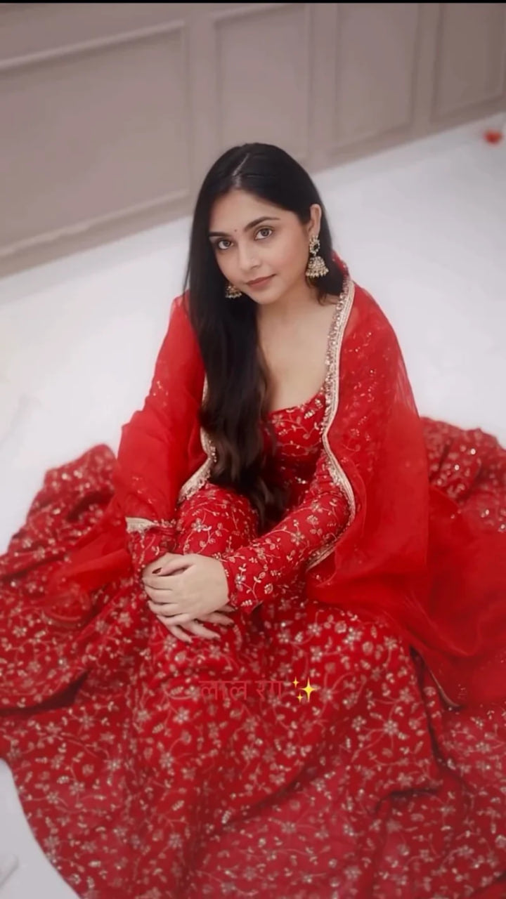 KARWACHAUTH SPECIAL RED COLOR PREMIUM ANARKALI SUIT SET OF 3