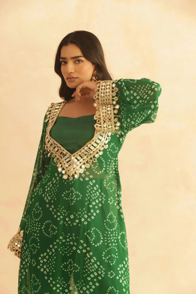 BANDHEJ PRINT MIRROR LACE WORK FUSION KURTI STYLE CO-ORD SET – TRENDY ETHNIC WEAR