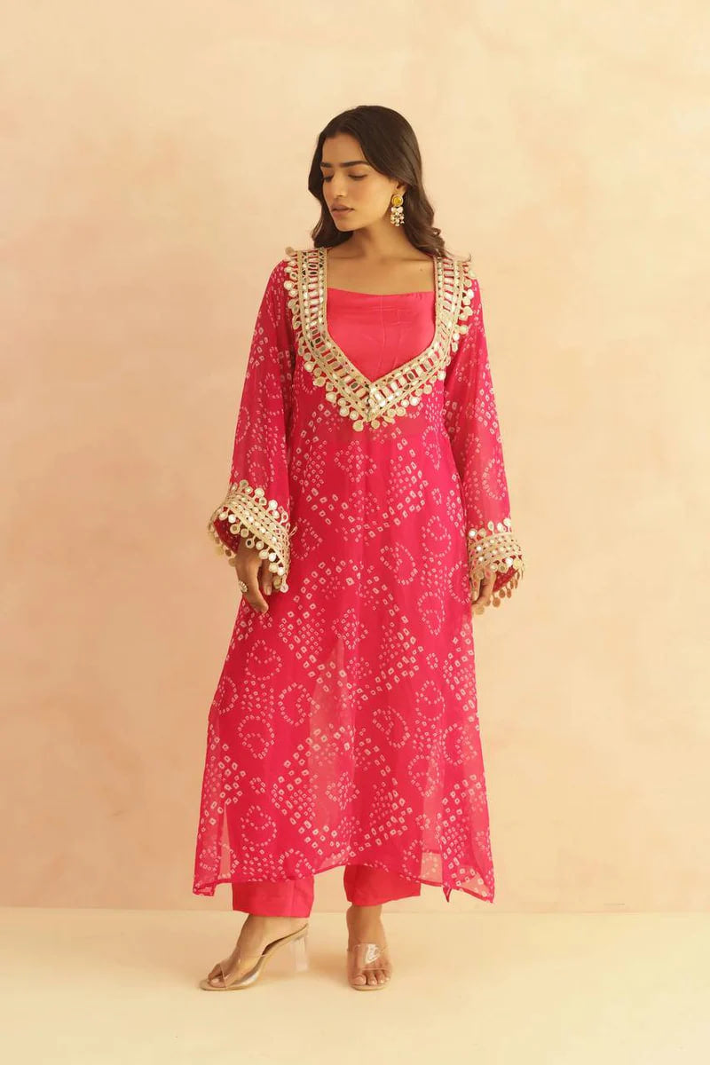 BANDHEJ PRINT MIRROR LACE WORK FUSION KURTI STYLE CO-ORD SET – TRENDY ETHNIC WEAR