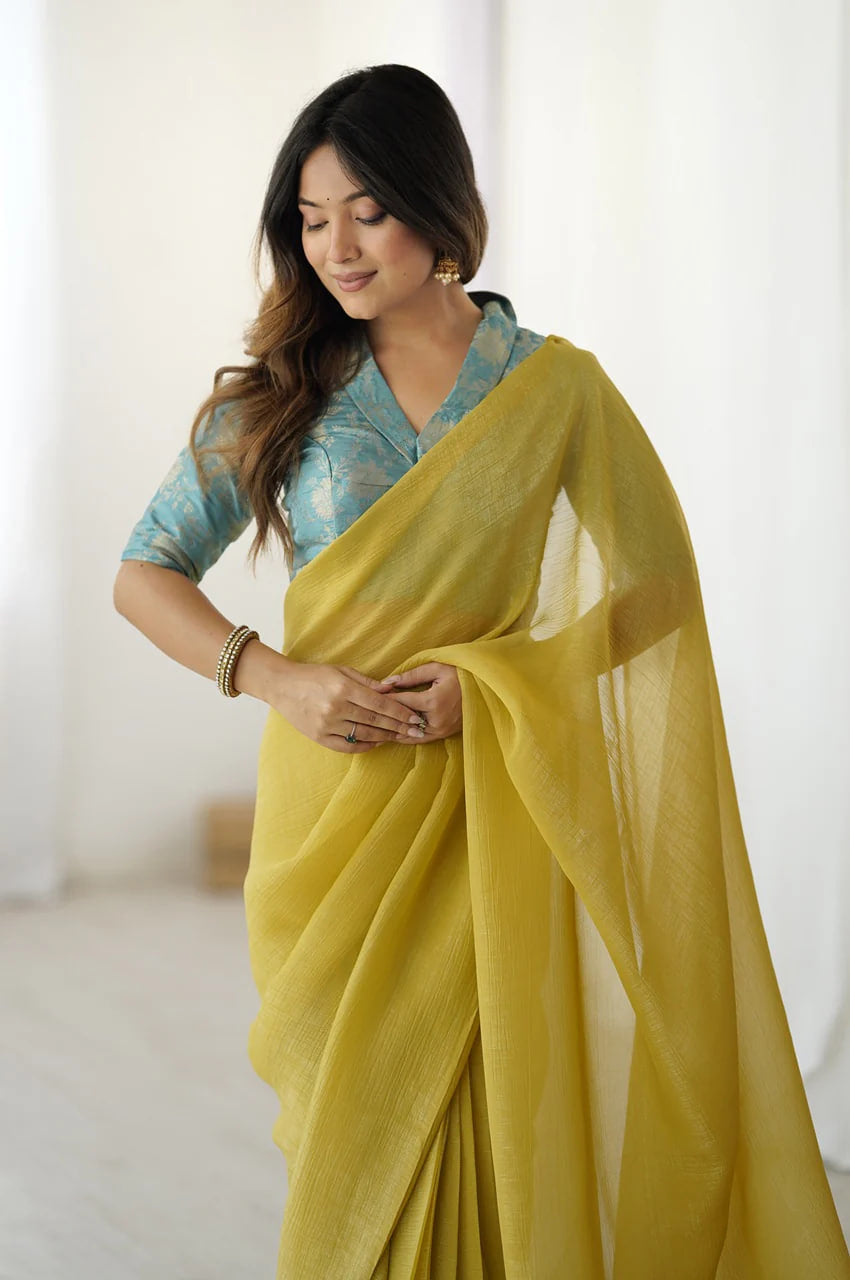 CHARMING BABY YELLOW SPARKLE SILK READY-TO-WEAR SAREE