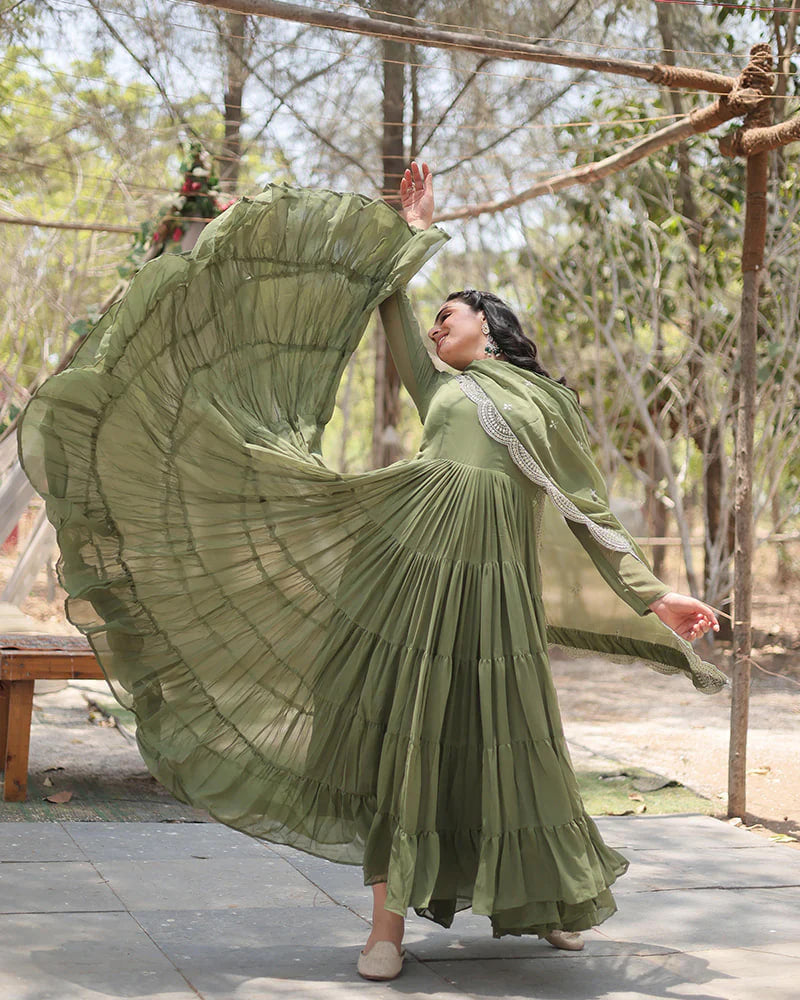 MEHNDI COLOR DESIGNER EMBROIDERED GOWN WITH DUPATTA