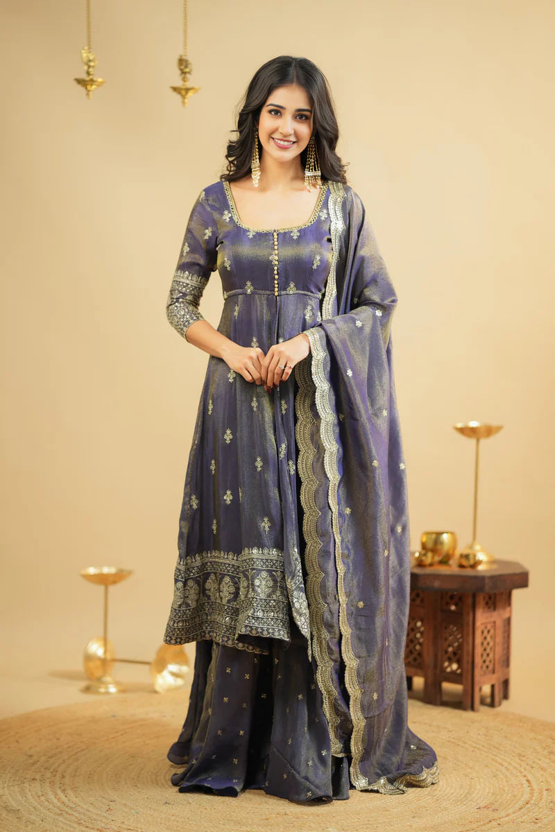 ELEGANT GREY COSMO SILK ANARKALI SUIT WITH SKIRT