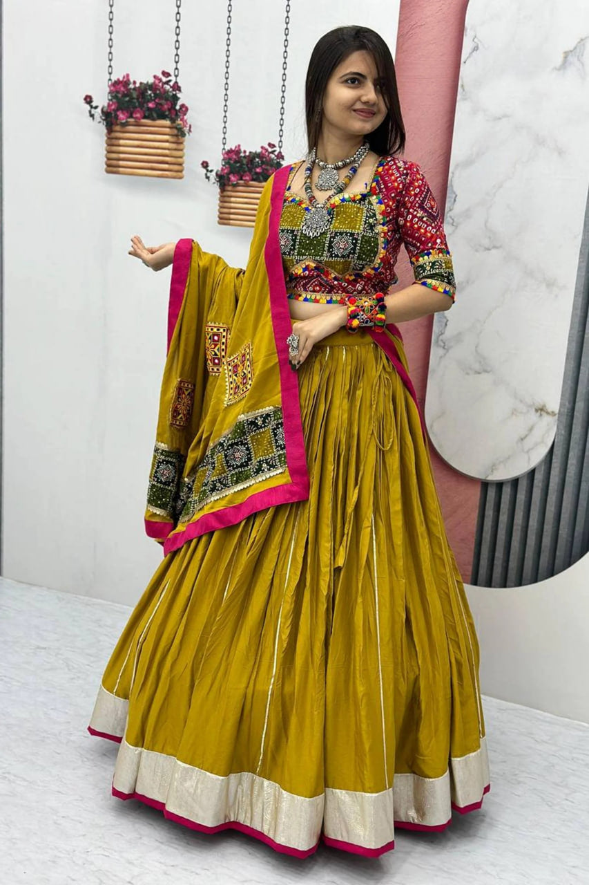 MUSTARD COTTON CHANIYA CHOLI SET WITH GAMATHI DUPATTA