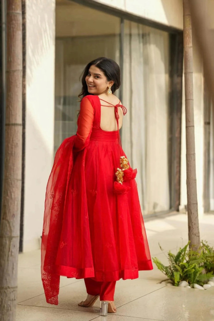 RED TABBY SILK ANARKALI SUIT SET WITH EMBROIDERY WORK