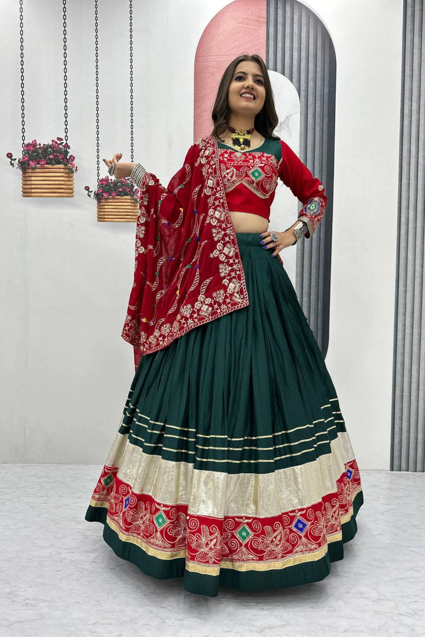 Green Cotton Chaniya Choli with Heavy Embroidery