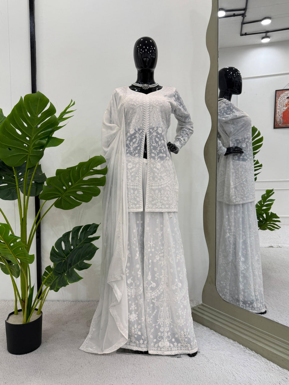 GRACEFULWHITE FOUX GEORGETTE PLAZZO SET WITH DESIGNER TOUCH