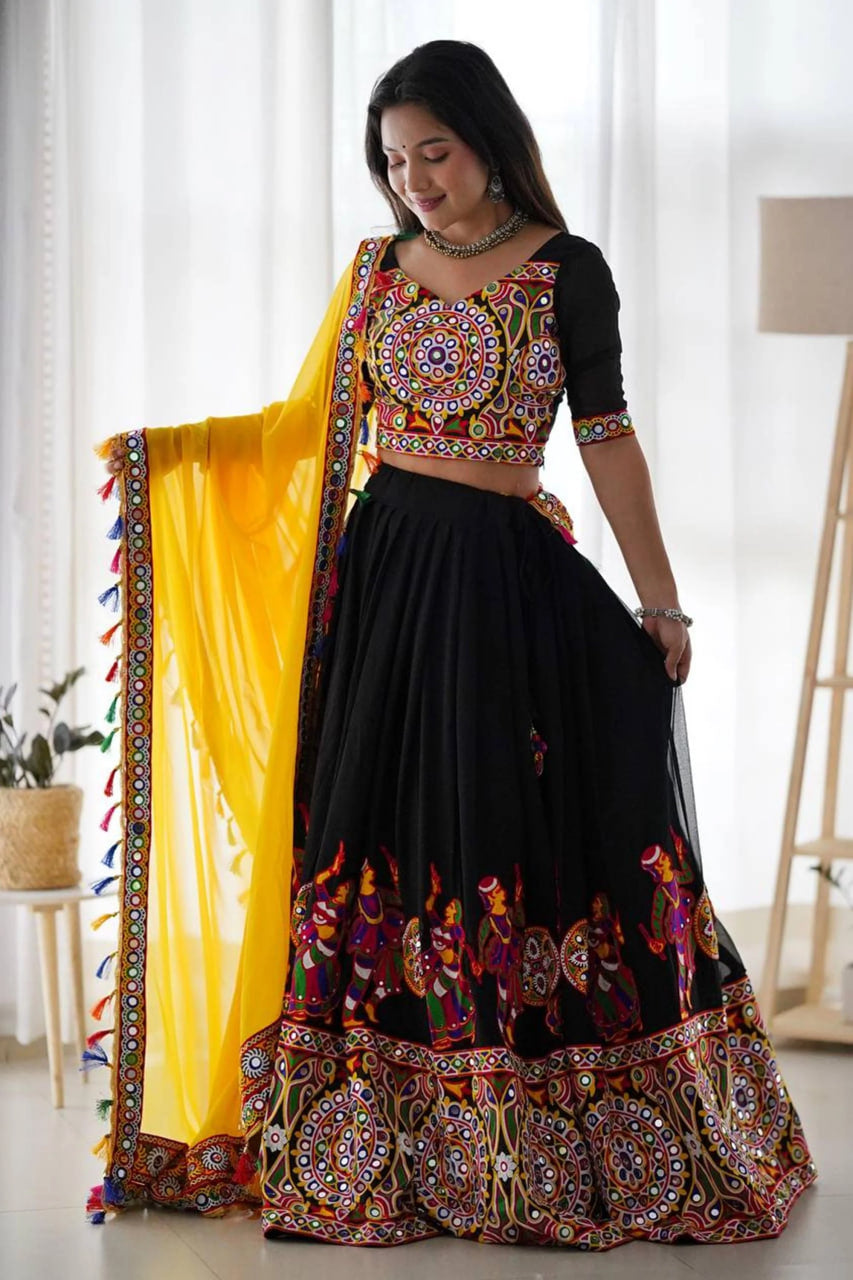BLACK FAUX GEORGETTE CHANIYA CHOLI WITH ORIGINAL MIRROR WORK