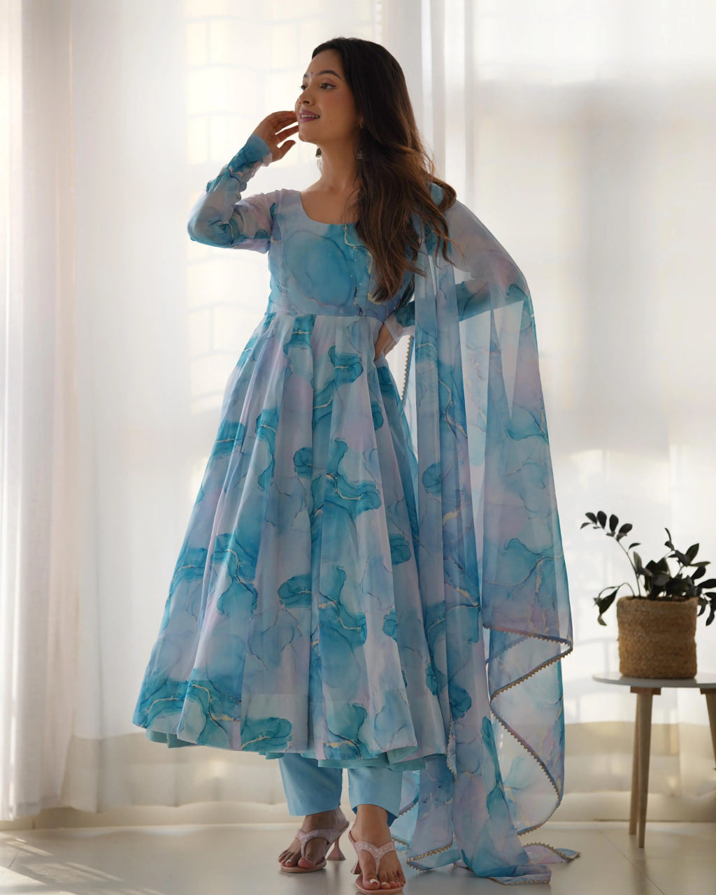 SKY PURE SOFT ORGANZA ANARKALI SUIT SET WITH HUGE FLAIR, DUPATTA & PANT
