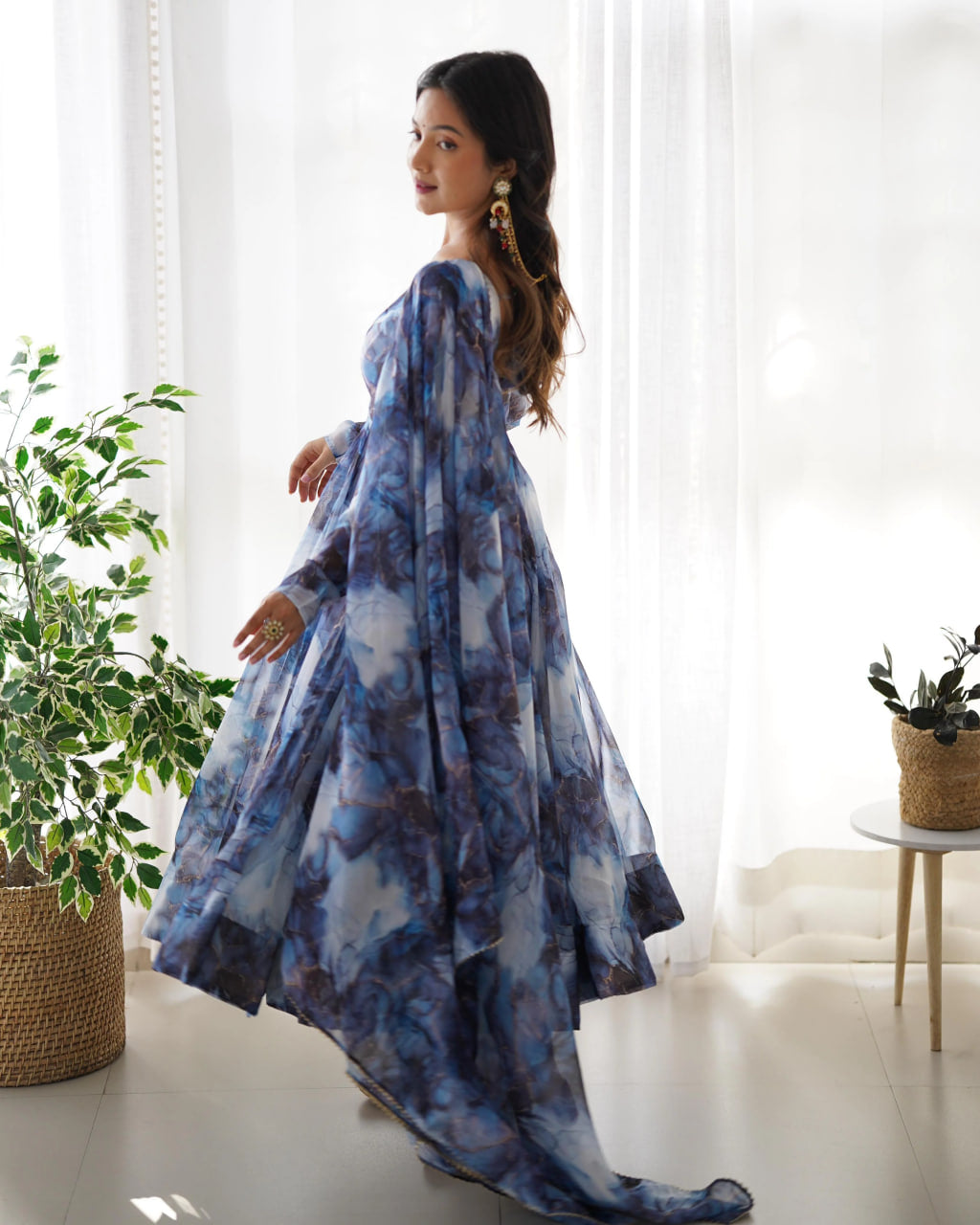 NAVY BLUE PURE SOFT ORGANZA ANARKALI SUIT SET WITH HUGE FLAIR, DUPATTA & PANT