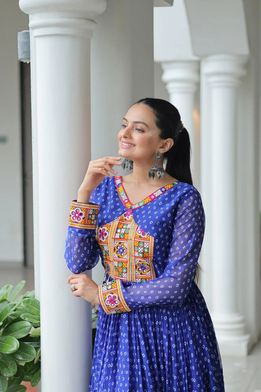NAVRATRI SPECIAL BLUE BANDHANI PRINT 12 METER FLARED GOWN