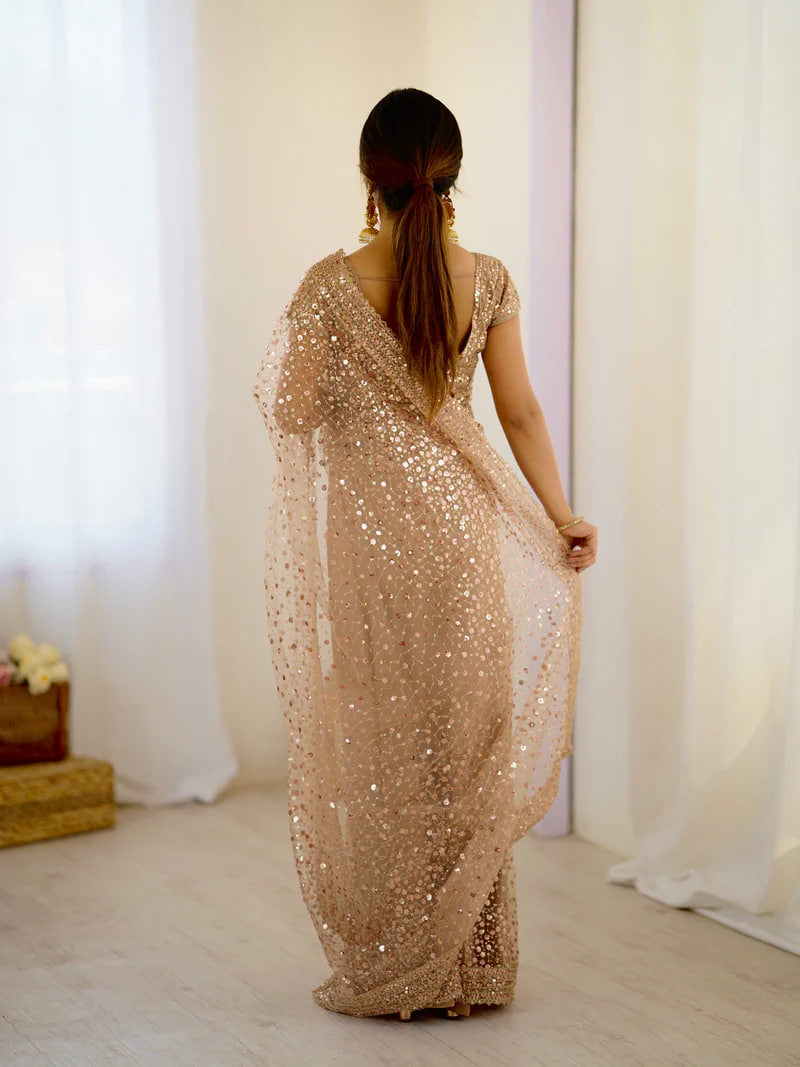 GOLDEN SOFT NET BEAUTIFUL DESIGNER SAREE