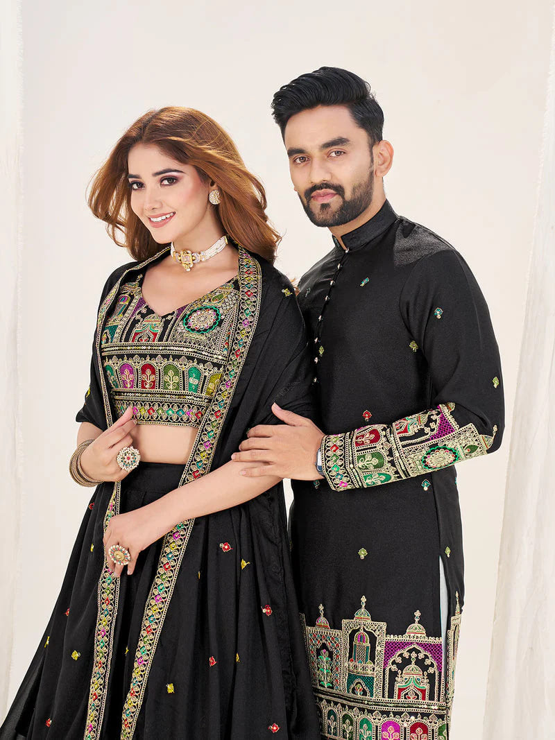 BLACK EMBROIDERED LEHENGA CHOLI WITH MATCHING MEN'S KURTA COMBO SET