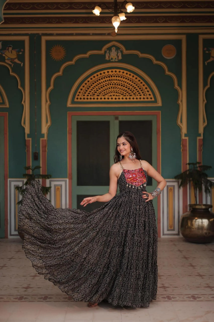 BLACK BANDHANI PRINT 12-METER FLARED GOWN
