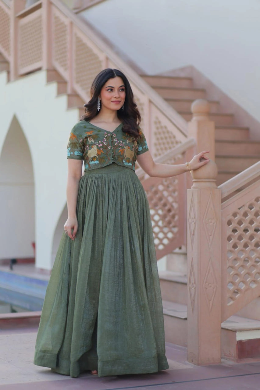 METAL GREEN JACKET STYLE SOUTH INDIAN GOWN SET