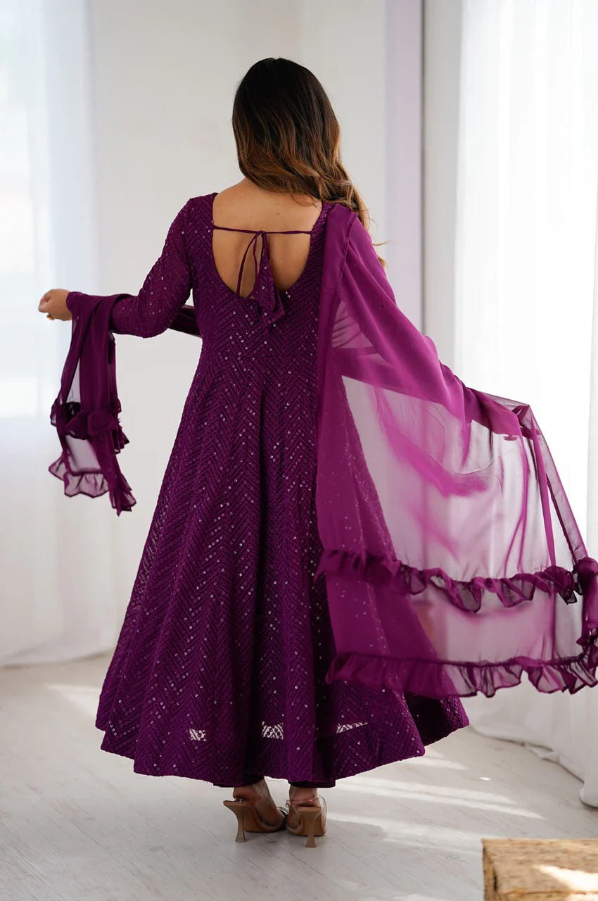 WINE COLOR LUCKNOWI WORK ANARKALI SUIT