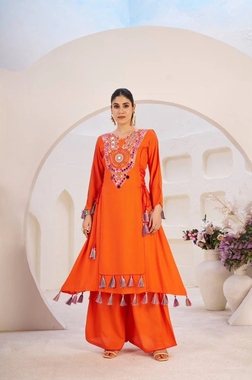 ORANGE ETHNIC MIRROR WORK PEPLUM SET WITH PALAZZO